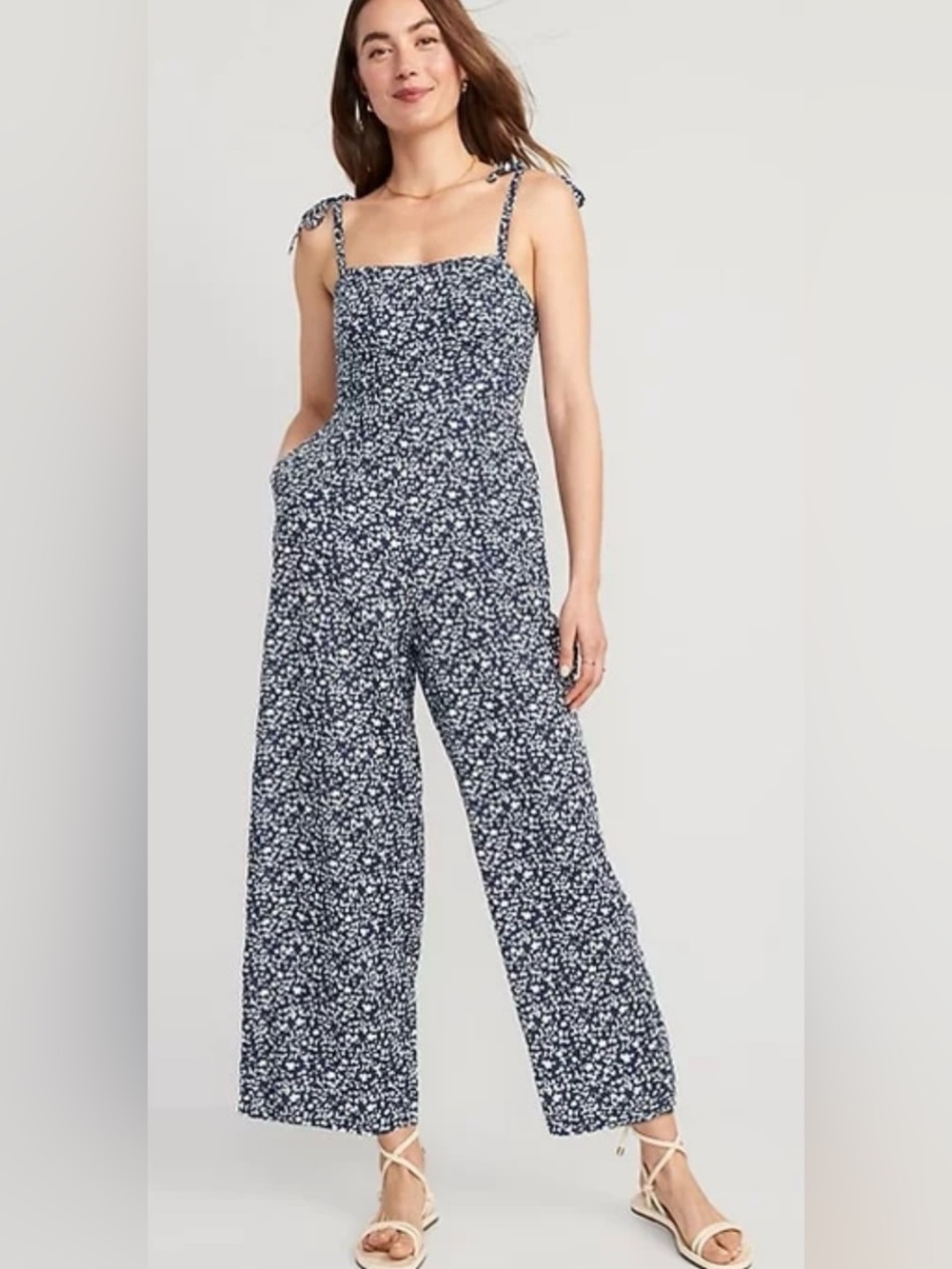 Old Navy Floral Tie-Shoulder Linen Blend Jumpsuit Navy/White Pockets Size M